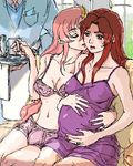  2girls bulge butler cup flay_allster futanari gundam gundam_seed holding_belly jpeg_artifacts lacus_clyne lingerie lowres maya_sawamura_anderson multiple_girls oekaki onibox pink_hair pregnant red_hair underwear 