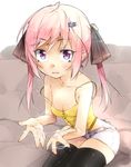  bad_id bad_pixiv_id breasts camisole cum cum_on_body cum_on_upper_body fang highres long_hair midriff original pink_eyes pink_hair ribbon shikinyan short_shorts shorts sitting small_breasts solo strap_slip thighhighs twintails 