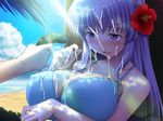  1girl beach bikini blue_bikini blue_eyes blue_hair blush breasts bukkake character_request cloud collar_bone collarbone cum eika_izumi flower game_cg hair_flower hair_ornament huge_breasts large_breasts lens_flare light light_rays long_hair ocean purple_eyes purple_hair sand sea sky source_request sunbeam sunlight sutadoru! swimsuit yukirin 