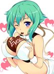  aquarion_(series) aquarion_evol between_breasts blue_eyes breasts chocolate green_hair heart hinata_sora large_breasts midriff one_eye_closed short_hair solo upper_body zessica_wong 