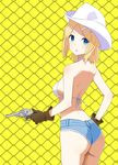  ass bad_id bad_pixiv_id bare_back bare_shoulders bikini_top blonde_hair blue_eyes cowboy_hat denim denim_shorts gloves gun hair_ornament hairclip handgun hat highres kagamine_rin looking_at_viewer looking_back open_mouth revolver short_hair short_shorts shorts shuuhei_(shoohey) solo vocaloid weapon 