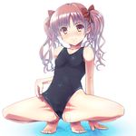  bad_id bad_pixiv_id bare_shoulders barefoot blush bow brown_eyes brown_hair cameltoe collarbone feet flat_chest full_body hair_bow inuga_anahoru looking_at_viewer one-piece_swimsuit shirai_kuroko simple_background smile solo spread_legs squatting swimsuit to_aru_kagaku_no_railgun to_aru_majutsu_no_index toes twintails wet wet_clothes 