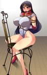  1girl ball_gag bdsm between_breasts bishoujo_senshi_sailor_moon black_hair blush bondage bound breasts chair choker cleavage earrings elbow_gloves erect_nipples gag gloves high_heels hino_rei huge_breasts jewelry kunifuto leotard purple_eyes sailor_mars solo sweat wide_hips 