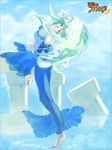  anklet barefoot blue blue_dress dress feet flower green_eyes green_hair jewelry long_hair mugen_no_fantasia okano_aya pillar see-through solo veil water 