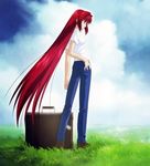  aozaki_aoko clouds grass jeans long_hair red_hair shirt sky 