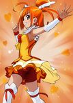  ahoge armpits ass bike_shorts cure_sunny eyelashes hair_bun haruyama_kazunori heart heart_background hino_akane_(smile_precure!) magical_girl orange_(color) orange_background orange_eyes orange_hair orange_skirt precure red_shorts short_hair shorts shorts_under_skirt skirt smile_precure! solo thighhighs 