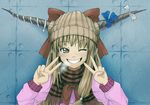  alternate_costume beanie bow breath brown_eyes brown_hair casual contemporary double_v grin hair_bow hat horns ibuki_suika kuro_oolong light_brown_hair long_hair one_eye_closed plaid plaid_scarf scarf smile solo touhou upper_body v winter_clothes 