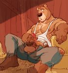  2012 balls bear belt blush brown_hair brown_nose clothing hair hay male masturbation muscles pants penis spookeedoo 