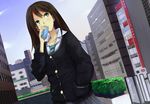  black_hair cardigan drink earrings green_eyes hands_in_pockets idolmaster idolmaster_cinderella_girls jewelry long_hair necktie pleated_skirt ruichi school_uniform shibuya_rin skirt solo 