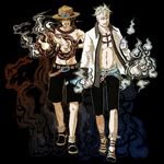  2boys abs belt black_background black_pants blonde_hair brown_hair facial_hair fighting_stance fire flame freckles hat jewelry male marco multiple_boys muscle necklace one_piece open_clothes open_shirt pirate pixiv_thumbnail plain_background pon_(puppupon) portgas_d_ace resized sad_face sandals sash shorts smiley_face smoke stubble tattoo walking 