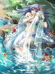  anklet bangle barefoot bikini blue_eyes blue_hair bracelet feet flower gourd hatake_michi hibiscus jewelry long_hair mugen_no_fantasia non-web_source pendant pointy_ears rock sitting skirt soaking_feet solo swimsuit veil water 