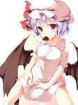  bat_wings blue_hair breasts chocolate chocolate_heart dress fal_maro hat heart highres looking_at_viewer medium_breasts mouth_hold purple_hair red_eyes remilia_scarlet short_hair simple_background solo touhou valentine white_dress wings 