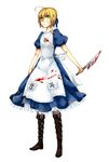  ahoge alice_(wonderland) alice_in_wonderland apron artoria_pendragon_(all) bad_id bad_pixiv_id blonde_hair blood boots dress fate/stay_night fate_(series) full_body green_eyes highres knife saber simple_background solo white_background xiogun 