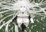  android bad_id bad_pixiv_id blue_eyes breasts cable collarbone damaged expressionless flower hair_spread_out highres hitaki_azami leaf lips long_hair looking_at_viewer lying medium_breasts no_arms on_back original ribs robot_joints silver_hair solo staring very_long_hair 