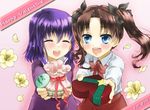  ^_^ bad_id bad_pixiv_id bangs blue_eyes box brown_hair child closed_eyes dress fate/zero fate_(series) flower gift_bag hair_ribbon happy_valentine heart-shaped_box incoming_gift long_hair matou_sakura multiple_girls purple_hair ribbon sab333 short_hair siblings sisters skirt toosaka_rin twintails valentine younger 