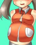  alternate_breast_size alternate_costume arms_behind_back blush breasts green_background haruka_(pokemon) head_out_of_frame inflation licking_lips long_hair medium_breasts pokemon pokemon_(game) pokemon_emerald pokemon_rse refuto simple_background smile solo tongue tongue_out vore 