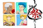  3boys ahoge archer artoria_pendragon_(all) bad_id bad_pixiv_id banana bandages blonde_hair blue_hair chopsticks dango dark_skin earrings fan fate/stay_night fate_(series) food fruit gilgamesh green_eyes highres japanese_clothes jewelry kimono lancer long_hair multiple_boys necklace ponytail red_eyes saber smile sweets wagashi white_hair xiogun 