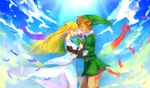  1girl alternate_costume blonde_hair closed_eyes dress feathers gloves hachimaru_(ediciusa) hat heart link long_hair pointy_ears princess_zelda sky smile the_legend_of_zelda the_legend_of_zelda:_skyward_sword 