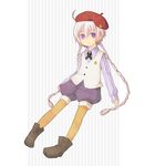  1boy ahoge ankle_boots axis_powers_hetalia beret blush boots bow bowtie braid child hat kugelmugel_(hetalia) long_hair long_sleeves male male_focus pumpkin_pants purple_eyes seto_(ao168) shirt shorts silver_hair simple_background solo striped striped_shirt twin_braids very_long_hair vest yellow_legwear 