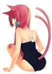  animal_ears ass bare_shoulders blue_eyes bow competition_school_swimsuit forked_tail from_behind hair_bow ichijou_kokona long_hair looking_back midorikawa_you multiple_tails one-piece_swimsuit original pink_hair simple_background sitting solo swimsuit tail tail_through_clothes white_background 