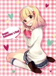  blonde_hair blush box brown_eyes cardigan hairband happy_valentine heart heart-shaped_box kise_yayoi kneehighs loafers long_hair nanairogaoka_middle_school_uniform otabe_sakura pink_background plaid plaid_background precure school_uniform shoes short_hair sitting skirt smile_precure! solo tears valentine wariza white_hairband white_legwear 