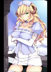  absurdres blonde_hair breast_hold breasts choker cross curly_hair dean elbow_gloves gloves green_eyes highres horns large_breasts looking_at_viewer original pillar pillarboxed puffy_sleeves skirt smile solo tail thighhighs white_gloves white_legwear zettai_ryouiki 