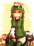  animal animal_on_head at2. blush cat cat_on_head creeparka creeper cupa_(at2.) gameplay_mechanics gloves highres hood hoodie minecraft on_head personification red_eyes short_hair solo tears thighhighs too_many too_many_cats zettai_ryouiki 