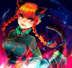  animal_ears bad_id bad_pixiv_id braid breasts cat_ears cat_tail dress extra_ears hair_ribbon kaenbyou_rin large_breasts multiple_tails orange_hair pointy_ears red_eyes ribbon shirt solo tail taut_clothes taut_shirt touhou twin_braids yuura 
