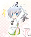  1girl adjusting_hair arms_up blue_eyes blush bunching_hair chibi hat hat_ribbon japanese_clothes kariginu kotatsumuri mononobe_no_futo mouth_hold no_pants ponytail ribbon ribbon_in_mouth shirt silver_hair solo touhou tying_hair 