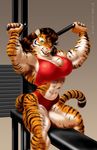  big_breasts breasts cleavage clothed clothing exercise feline female mammal muscles muscular_female richard_bartrop solo stripes tail tiger workout 
