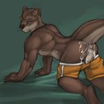  after_sex all_fours anthro anus balls blue_eyes brown_fur brown_hair butt claws clothing cum cum_in_ass cum_inside cum_on_butt fur gay hair looking_at_viewer looking_back male mammal mustelid otter presenting presenting_hindquarters raised_tail shorts solo thick_tail tojo_the_thief topless 