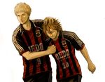  2boys blonde_hair brown_eyes brown_hair eyes_closed giant_killing hand_on_head male male_focus multiple_boys sakai_yoshinori sera_kyohei serious short_hair smile soccer soccer_uniform sport_uniform sportswear uniform walking 