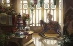  bell book bottle brown_eyes brown_hair clock dress figure flower hand_in_hair hanging_plant hat indoors leaf light_rays original pillar pot poten reflective_floor ribbon riding rocking_horse room rose shelf shoes solo sunbeam sunlight table vase window 