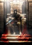  1boy belt boots chair dark_persona highres knife male male_focus prince_(sands_of_time) prince_of_persia sand scarf sitting solo stairs throne ubisoft weapon 