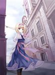  alice_margatroid arms_behind_back bad_id bad_pixiv_id blonde_hair blue_dress blue_eyes boots capelet cierra_(ra-bit) dress hairband pantyhose perspective road sash short_hair solo street touhou town wind 