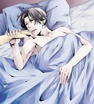  1boy bed black_hair blanket giant_killing laying_on_bed male male_focus open_mouth pillow shirtless short_hair solo yoshida_luigi 