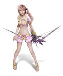  3d blue_eyes breasts cleavage final_fantasy final_fantasy_xiii final_fantasy_xiii-2 large_breasts pink_hair serah_farron side_ponytail simple_background solo swimsuit weapon 