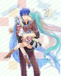  1girl aqua_hair bad_id bad_pixiv_id boots bouquet bracelet carrying closed_eyes flower gift hatsune_miku height_difference hetero high_heels highres irono_(irtyu) jewelry kaito kiss long_hair nail_polish one_eye_closed ring shoes skirt twintails very_long_hair vocaloid 