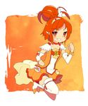  aioi_touma bike_shorts boots choker clenched_hands cure_sunny dress grin hair_bun highres hino_akane_(smile_precure!) orange_(color) orange_background orange_dress orange_eyes orange_hair precure short_hair skirt smile smile_precure! thigh_boots thighhighs white_legwear 