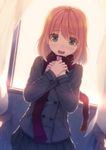  blush brown_hair classroom coat curtains dutch_angle green_eyes hands_on_own_chest indoors object_hug open_mouth original pleated_skirt red_scarf scarf siva_(executor) skirt solo window 