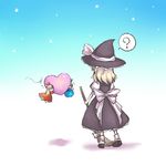  &gt;_&lt; ? back black_dress blue_dress bow broom carrying closed_eyes dress flying flying_sweatdrops from_behind gradient gradient_background hat heart kirisame_marisa large_bow onimaru_gonpei red_dress shanghai_doll simple_background solo star touhou witch_hat |_| 