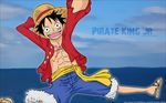  1920x1200 1boy abs black_eyes black_hair cloud hat highres jumping male male_focus monkey_d_luffy ocean one_piece open_clothes open_shirt pirate sandals sash scar shirt short_hair shorts smile solo straw_hat wallpaper 