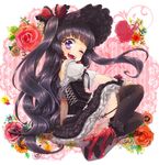  ;d arm_support black_hair black_legwear blush bonnet dress flower frills garter_straps gothic_lolita hat high_heels highres lace lace-trimmed_thighhighs lolita_fashion long_hair namisaki_yuka one_eye_closed open_mouth original purple_eyes shoes smile solo thighhighs two_side_up very_long_hair wrist_cuffs 