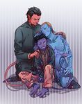 2boys azazel_(x-men) black_hair blue_skin demon family father_and_son mother_and_son multiple_boys mystique nightcrawler nude one_eye_closed pointy_ears pukun red_hair red_skin tail x-men x-men:_first_class younger 