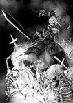  armor armored_dress artoria_pendragon_(all) dress fate/stay_night fate_(series) gauntlets greyscale haziketti highres monochrome saber_alter skeleton skull solo spot_color sword weapon yellow_eyes 