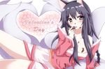  ahri animal_ears black_hair blush breasts chocolate cleavage detached_sleeves fox_ears fox_tail heart icyfox league_of_legends long_hair medium_breasts multiple_tails tail valentine yellow_eyes 