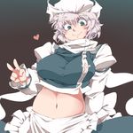  apron belly blue_eyes breasts brown_background eyebrows gradient gradient_background hat heart iroyopon large_breasts lavender_hair letty_whiterock long_sleeves looking_at_viewer midriff navel short_hair skirt smile solo thick_eyebrows touhou v 