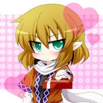  :&lt; blonde_hair blush chibi dress gift green_eyes heart incoming_gift keyman mizuhashi_parsee open_mouth pointy_ears scarf solo touhou valentine white_scarf 