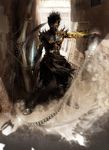  1boy boots dark_persona fighting_stance glowing glowing_eyes highres knife male male_focus prince_(sands_of_time) prince_of_persia sand solo standing ubisoft weapon 