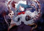  blood bloody_clothes blush breasts capelet demon_wings green_hair hat highly_responsive_to_prayers katayama_kei long_hair medium_breasts mima ribbon skeleton skirt skull smile solo torn_clothes touhou touhou_(pc-98) wings 